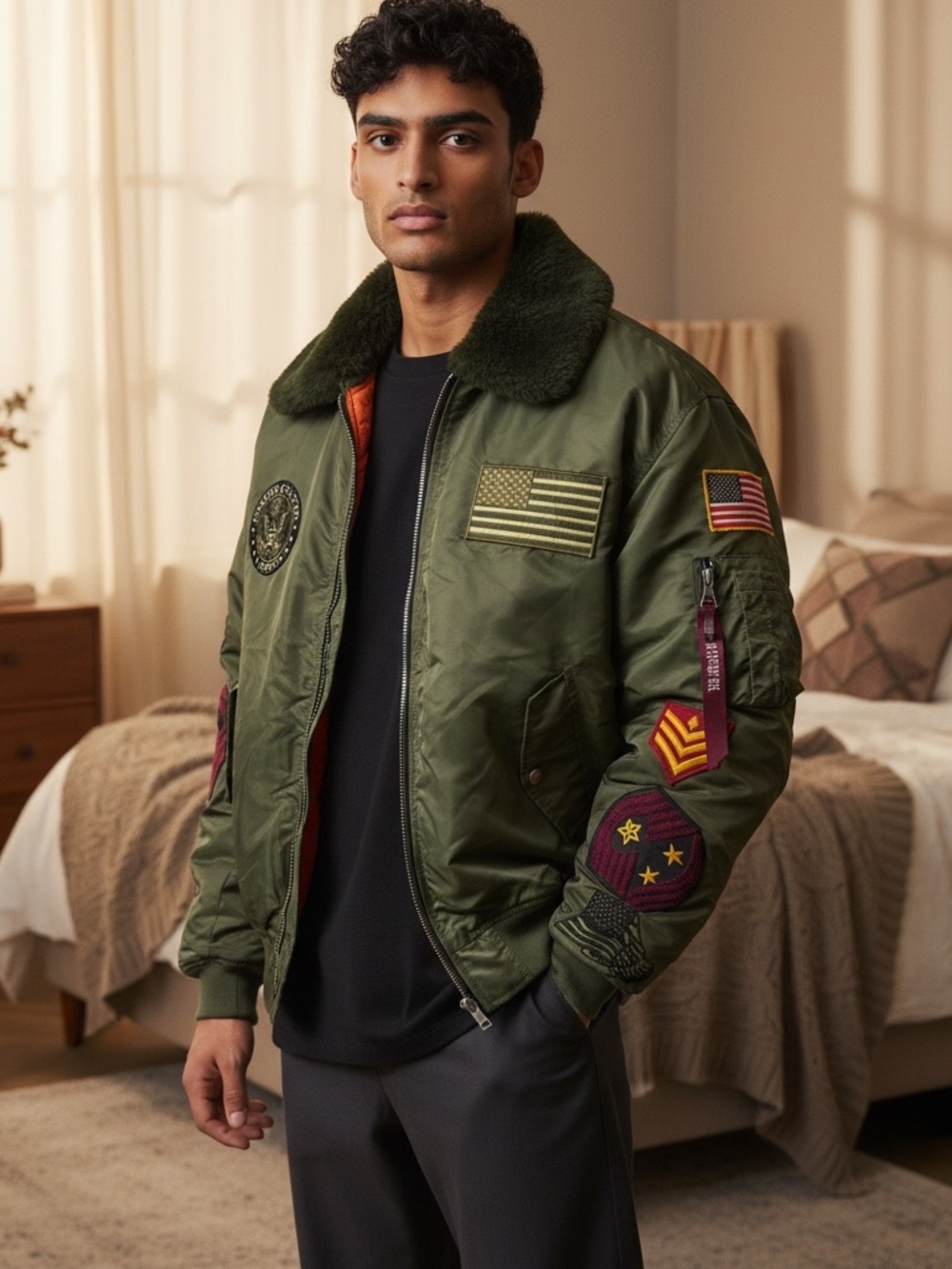 Utility Patch Bomber Jacket with Faux Fur Collar - Olive